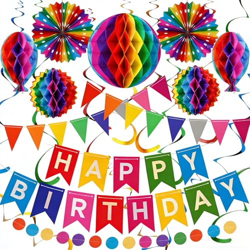 iFunLong Rainbow Reusable Birthday Decoration Set - Happy Birthday Banner Bunting Paper Fans and Honeycomb Decorations Streamers Set Colourful Paper Rainbow Party Decorations for Girls and Womens