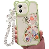 Jusy Compatible con iPhone 16 Funda, Lindas Flores Floral Oso Cubierta con Hermosa Correa de Muñequera Cadena para Niñas Mujeres Clara Kawaii Cámara Protección Bonita Funda para Teléfono, Verde