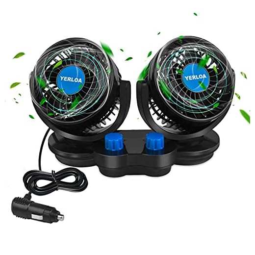 Yerloa Ventilador de Coche 12V,Ventilador de Coche Doble Cabezal Giratorio 360°, 2 Velocidades, Mini ventiladores Sistema de Refrigeración para Aire Acondicionado de SUV ATV RV 2025 Nuevos
