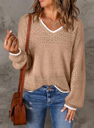 Image of SHEWIN Women's Sweaters Casual Long Sleeve V Neck Crewneck Lightweight Crochet Pullover Sweater Tops