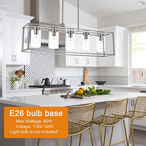 Image of Contemporary Chandeliers Brushed Nickel 5 Light Modern Dining Room Lighting Fixtures Hanging, Kitchen Island Linear Pendant Lights Farmhouse Flush Mount Ceiling Light with Glass Shade