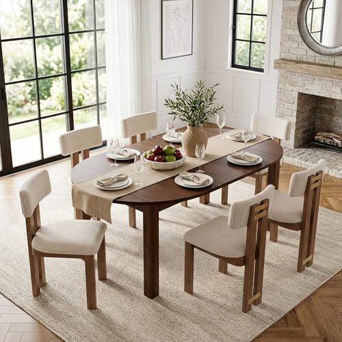 Image of HNY Modern Farmhouse Linen Dining Chairs Set of 4, Beige Fabric Upholstered Dining Room Kitchen Chairs with Natural Wood Frame & Curved-Back, Armless Accent Wood Chairs for Dining Room Living Room