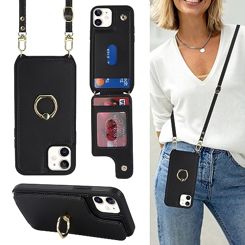 Image of for iPhone 12 Mini Case with Card Holder and Strap for Women,Crossbody Lanyard,Kickstand Ring Stand,Snap Clasp,RFID Blocking,Phone Wallet Cases 5.4 inch(Black)