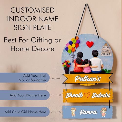 Image of P Arts Personalized Family Name Plate with 3D Illusion UV Print | Customized Wooden MDF Name Board for Indoor Home Entrance | Includes Self-Adhesive Sticky Hook for Easy Installation (Couple + 1 Girl)