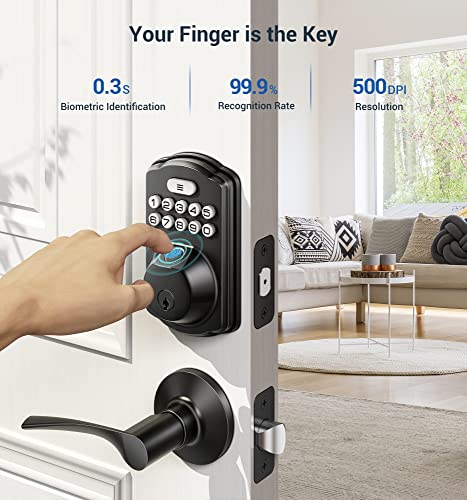 Veise Fingerprint Door Lock With 2 Lever Handles - Keyless Entry Door Lock With Handle, Electronic Keypad Deadbolt Front Door Lock Set, Auto Lock, 1 Touch Locking, Easy Installation, Matte Black #TOP1