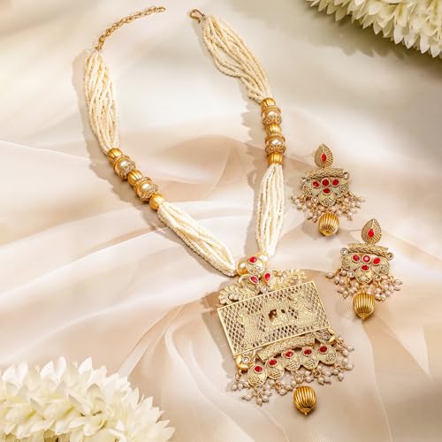 Image of Rubans Long Necklace Set Gold Plated Traditional Stylish Multicolour Jewellery Gift for Women & Girls