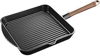 FENXIXI Żeliwna patelnia do grillowania, patelnia nieprzywierająca z uchwytem z drewna orzechowego, łatwe odwadnianie tłuszczu, do smażenia, sosu, gotowania