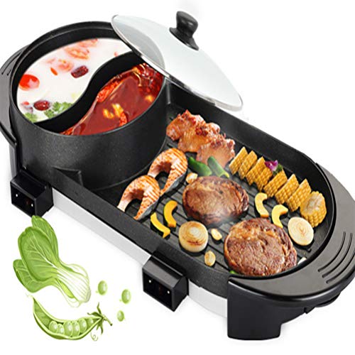 LJIE Korean Barbecue Hot Pot, Barbecue Hot Pot one Pot, Independent Dual Temperature Control Adjustment, Maifan Stone Coated Smokeless Barbecue Pot, 2400w Power, for 11 People.