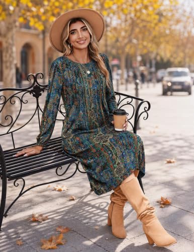 Image of Zeagoo Fall Dresses for Women Long Sleeve Midi Dress Casual A Line Dresses 2026 Pleated Flare Dress with Pockets