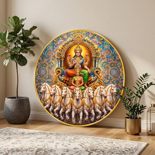 Image of SAF Surya Dev 7 Horse Round Wall Painting with Premium PVC Golden Frame, Hindu God Chariot Mandala Art for Living Room Prayer Room Home Decor Gift (12 x 12 Inch) GRS-455