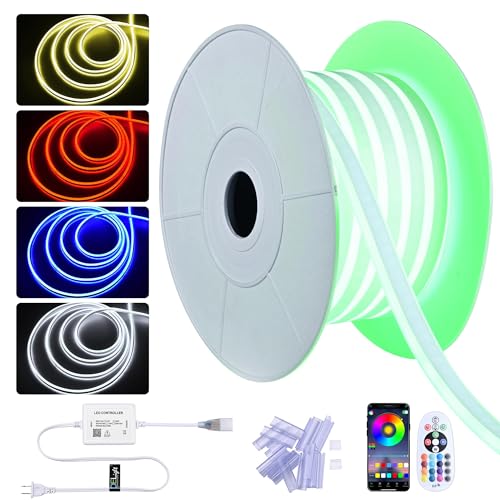 DELight 50FT/15m RGB LED Strip Neon Rope Lights with APP & Remote Control, IP65 AC 110V Waterproof Music Sync Dimmable Cuttable SMD3535 LED Lights DIY for Party Birthday Outdoor Gaming Room DEL-D50R
