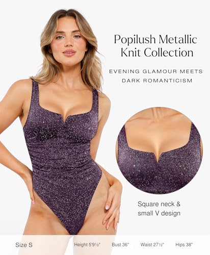 Image of Popilush Sparkly Tops for Women - Square Neck Shapewear Bodysuit Tummy Control Sleeveless Body suit Going Out Tank Tops