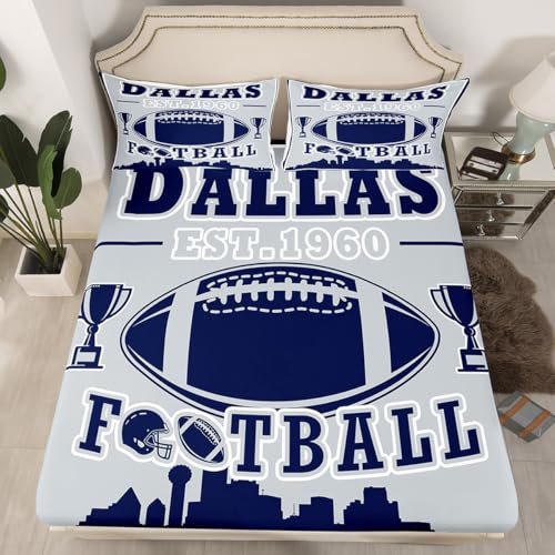Erosebridal American Football City Fitted Sheet Queen Size,Rugby Sports Bed Sheets for Kids Teens Boys,3D Football Game Bedding Set for Sports Lovers,Blue Gray City Silhouette Bed Set(Dallas)
