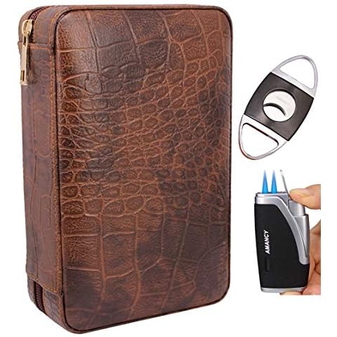 AMANCY Sleek Black Brown Crocodile Pattern Leather Travel Cedar Wood Lined 4 Cigar Humidor Case, Included Cigar Cutter and Lighter Cover