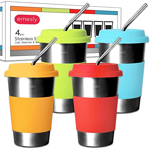 Emesly Stainless Steel Cups with Lids, Sleeves and Straws (Set of 4); Kids