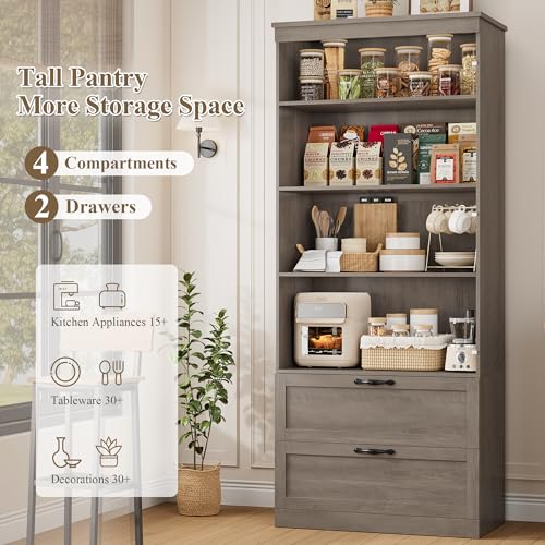 HOSTACK 70" Tall Kitchen Pantry Storage, Barn Doors Pantry Cabinet with Drawers and Adjustable Shelf, Modern Farmhouse Storage Cabinet for Kitchen, Dining Room, Living Room, Bathroom, Ash Grey - Image 6