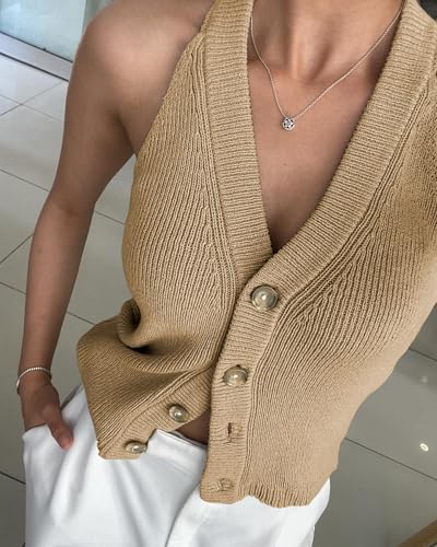 Image of Womens Button-Front Sweater Vest Top V Neck Sleeveless Knit Tank Fitted Halter Raceback Cardigan Vest
