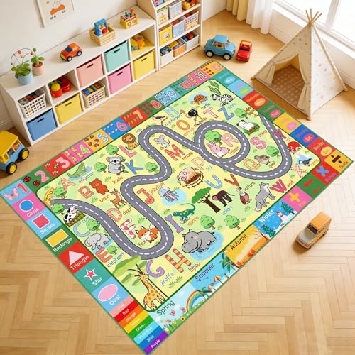 HBUFBUQ 3x5 Feet Educational Area Rug Kids Rugs for Playroom with Alphabet Numbers Shapes Animals Learning Carpet for Bedroom Nursery Classroom Boys Girls Toddler Baby Non Slip Floor Mat
