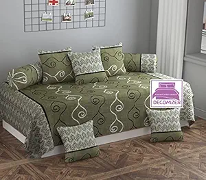 DECOMIZER XL Diwan Set 100% Pure Cotton Designer, 1 (60 X 90 in) Bedsheet ,5 (16x16 in ) Cushion Covers and 2 Booster Covers (8 PCS Set) (Diwan Set-(1+2+5), Design - Mehandi Bale)