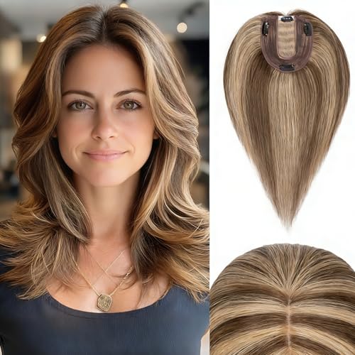 Rich Choices Hair Toppers for Women Real Human Hair 100% Human Remy Toppers NO Bangs with Thinning Hairs Clip in Hairpiece 4"x4.7"Lace Base 10 Inch #4P27 Medium Brown Highlights Dark Blonde