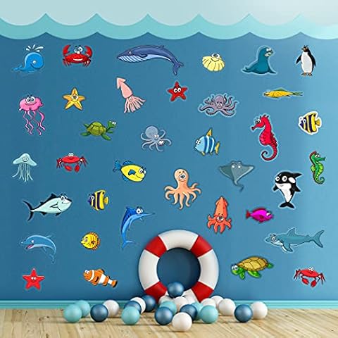 Sealife Stickers Fish Bathroom Children Decal sea Life Theme Animal Sticker Kids Craft Nursery Transfer Underwater World Art Decals Ocean aquariumkid Learning Decoration Waterproof Vinyl Cover