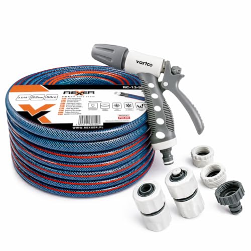 REXXER Gartenschlauch 3/4 Zoll (19 mm) 50 m 4-lagiger Wasserschlauch UV-beständig Flexibel Schlauchset mit Sprühpistole Schnellkupplungen und Wasserhahnanschluss für Gartenbewässerung Reinigung