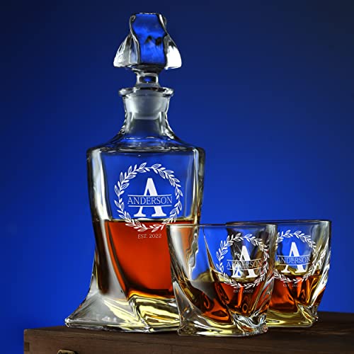 Personalized Whiskey Decanter And Glasses Set - Customized Gift For Him - Men, Dad, Father, Brother, Son - Engraved Twisted Whiskey Decanter, 4 Xl Glasses, 4 Slate Coasters In Premium Wooden Gift Box #TOP6