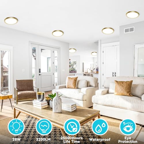 Image of libtit 7 Inch Golden Flush Mount Ceiling Light, 15W Aureate Ceiling Light Fixture, 3000K /4000K /6500K Color Selectable, Gilded Round Ceiling Lighting for Bedroom Kitchen Pantry