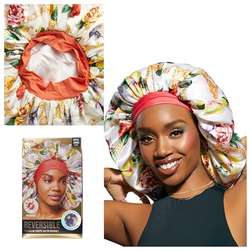 KISS COLORS & CARE Reversible Hair Bonnet Super Jumbo - Floral Design, Luxurious Satin & Breathable Material for Hair Protection from Dryness, Friction & Split Ends Overnight - for All Hair Types