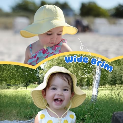 Image of HONGTEYA Baby Sun Hat Toddler Girl Beach Hat Sun Protection Adjustable Outdoor Summer Wide Brim Bucket Hat for Infant Kids