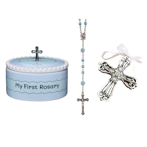Cascade Goods - Rosario y caja de recuerdo para niños con adorno de cruz plateada