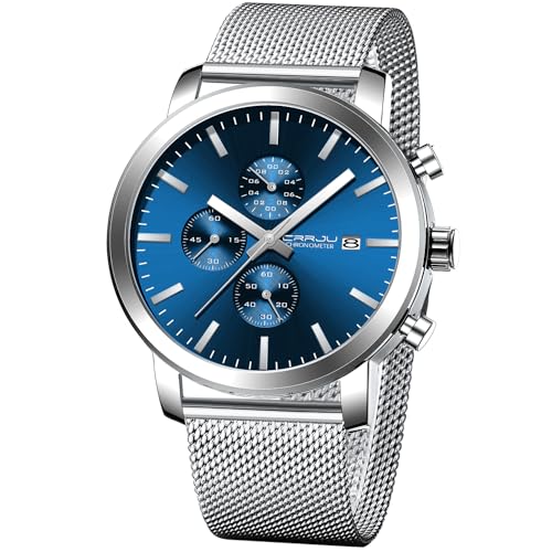 CRRJU Mens Stylish Casual Quartz Watches for Men Luxury Waterproof Calendar Chronograph Japan Movement Wristwatches M silver blue