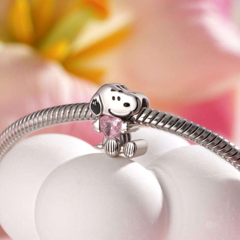 GNOCE Peanuts Snoopy Sitting Embraces Birthstone Charm for Women, S925 Sterling Silver Dangle Charms for Women Wife, Valentine‘s Day, Mother’s Day Jewelry