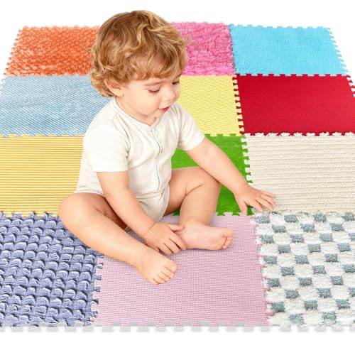 Image of 12 Set Sensory Tiles - Floor Textured Sensory Mats, Interlocking Sensory Rug Sensory Toys for Autistic Children Kids Baby Toddler, Tactile Play and Fidgeting Activity for Autism Sensory Room