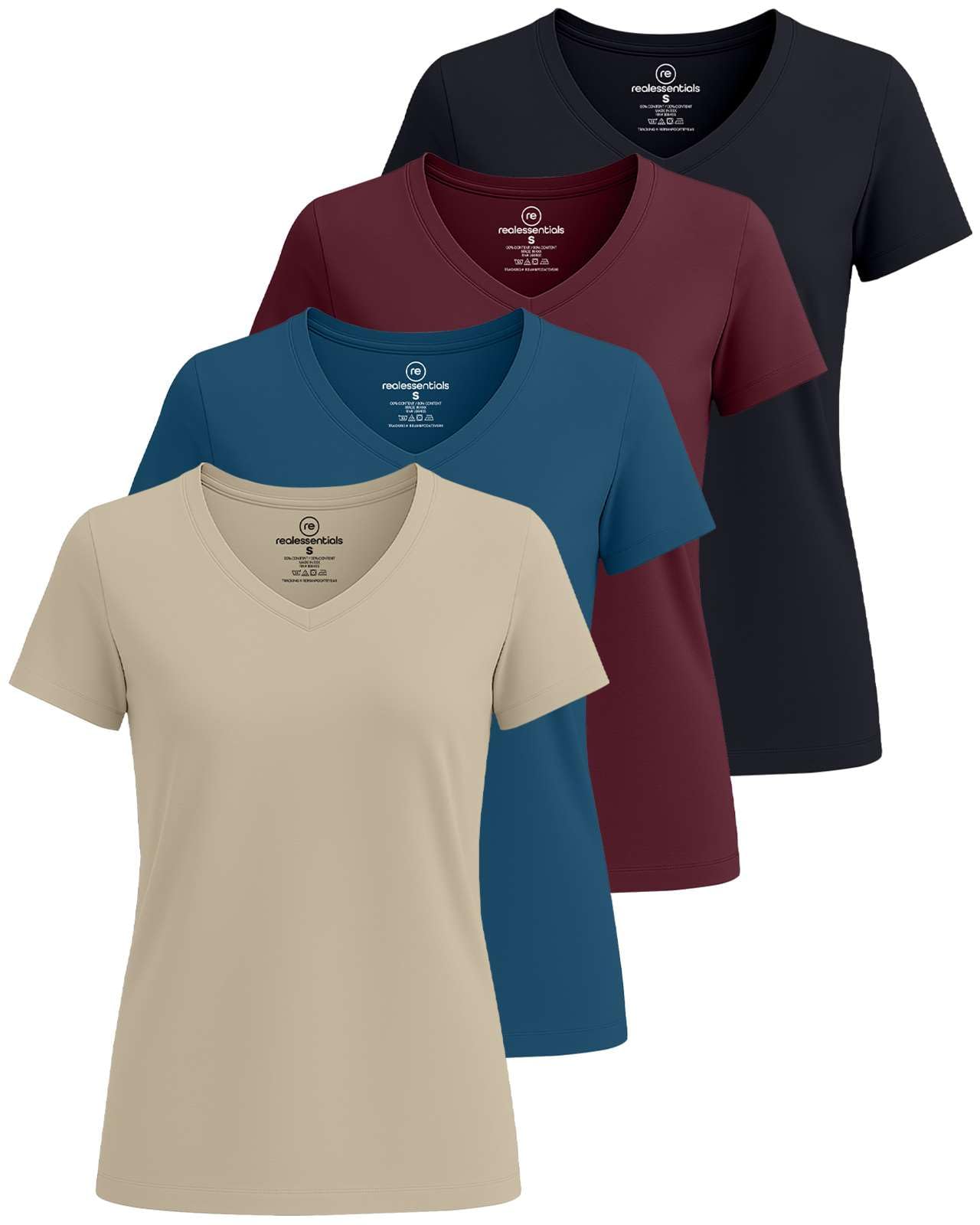 Real Essentials 4er-Pack: Kurzärmeliges Damen-T-Shirt aus Baumwolle mit V-Ausschnitt in klassischer Passform (in Übergröße erhältlich)