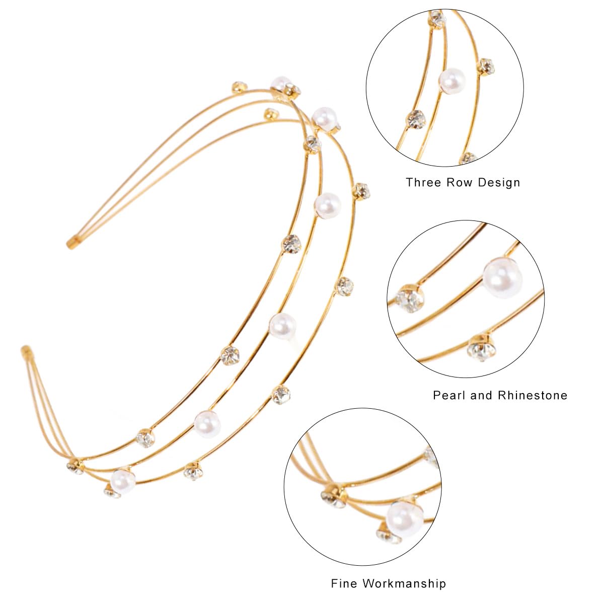 scicent Three Layer Hairband White Faux Pearl Headband Sparkly Diamond Head Bands Gold Metal Hair Bands Bridal Hair Hoop Party Wedding Hair Accessories for Women 23629 - Image 2