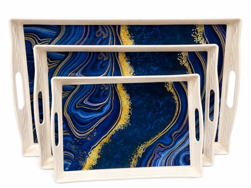 Image of KITCHIVO 3 Pcs Plastic Serving Tray Set with Handle | Multipurpose Tea Snacks Breakfast Tray | Floral Printed Rectangular Serving Trays for Kitchen & Home (Ivory Blue Marble)