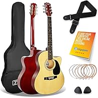 full size acoustic guitar with a cutaway, ideal to start learning guitar includes bag, strap, steel strings, and picks, everything needed in a starter pack. light gauge steel strings purposely selected to make it easier to play for beginners cutaway ...