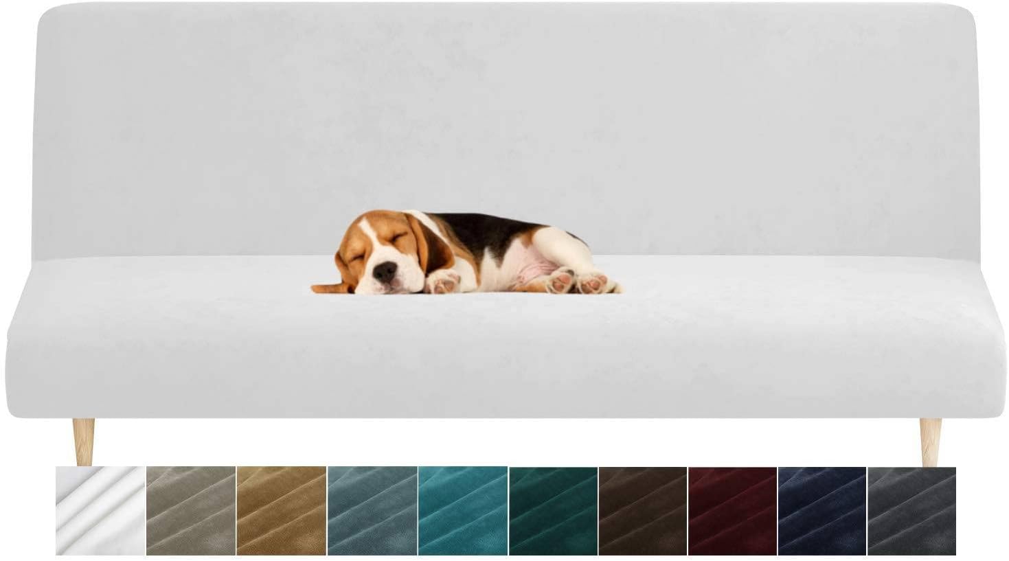 MAXIJIN Velvet Futon Cover Full Size Stretch Futon Mattress Cover Thick Soft Armless Sofa Bed Slipcover Plush Couch Furniture Protector with Elastic Bottom, Machine Washable (White)