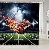 feelingyou American Football Badvorhang, Vintage Sports Gaming Duschvorhang, Green Grass Stadium Mikrofaser Wasserdichtes Gewebe mit Haken für Boxen Badewannen Badezimmer, 72Wx72L Zoll