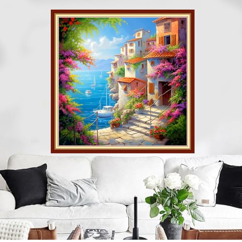 Image of Funxvoot Stamped Cross Stitch Kits Beginners Full Range of Embroidery Kits for Adults 11CT Embroidery Patterns Needlepoint Kits Printed Cross Stitch Kits - (Seaside Street Scenery 18x18 inchs)
