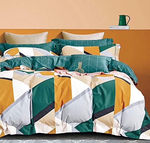 SLEEPBELLA Duvet Cover King Size, White, Orange and Dark Green Geometric Patchwork with Green Embroidered Flange, 3 Pieces Cotton Comforter Cover (No Comforter