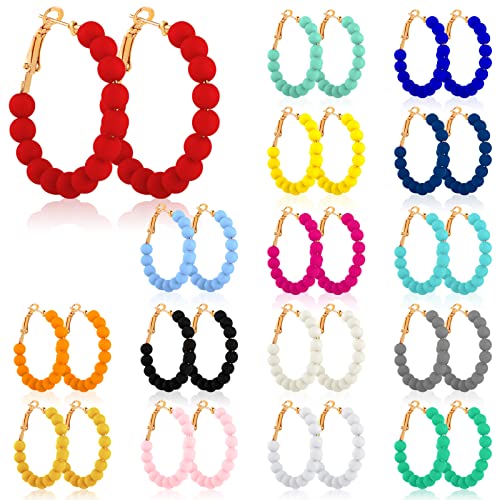 Sureio 16 Pairs Beaded Hoop Earrings Women Bohemian Circle Round Bead Earrings Bulk Colorful Bead Dangle Earrings(1.37 Inch) - Main Image