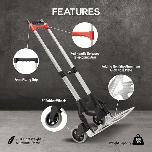 Vergo 100 Ibs Capacity Folding Hand Truck Dolly – Lightweight Aluminum Frame Dolly Cart with 40" Telescoping Handle, Compact Hand Cart with 5” Rubber Wheels - Ideal for Personal Use (S300S) - Thumbnail 2
