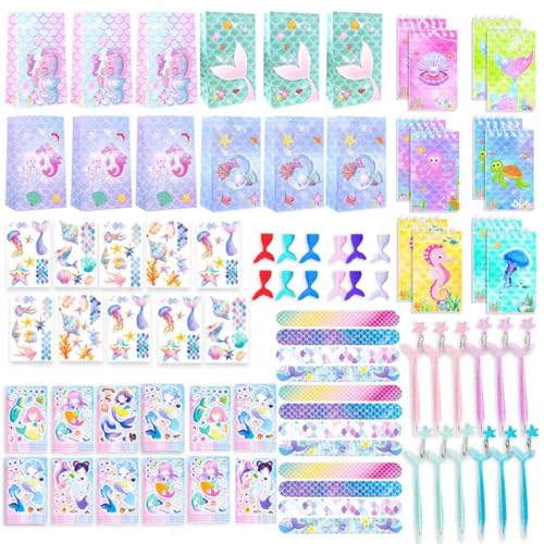 FACLJSSX 84 PCS Mermaid Party Favor Mermaid Party Bags Gift Bags Tattoos Stickers Slap Bracelet Stickers Notebooks Pens Erasers for Birthday Mermaid Theme Party Gifts Bags