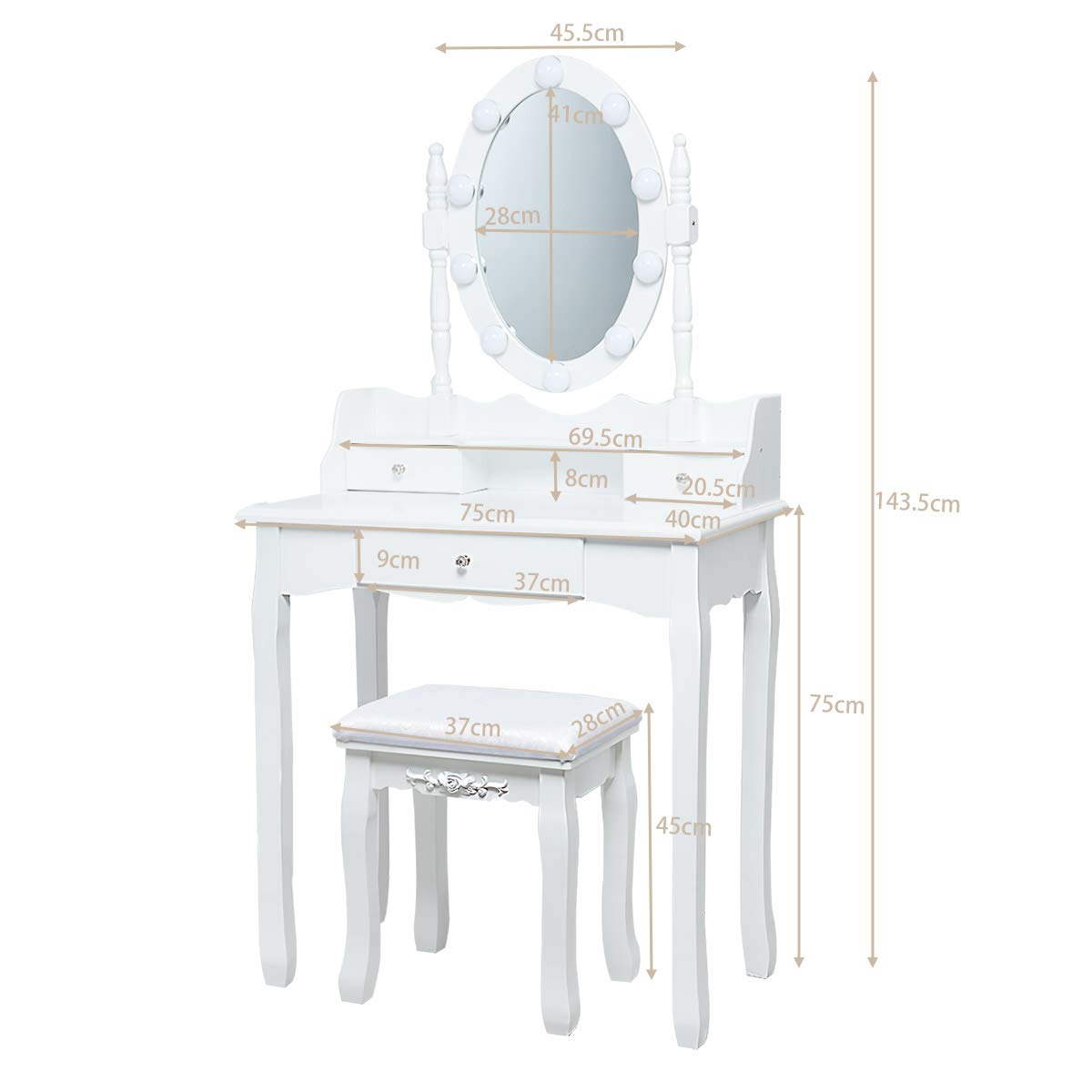 GYMAX Toeletta da Trucco, Illuminata con 10 Lampadine di LED, 3 Cassetti per Cosmetici, Specchiera Staccabile, Sgabello in Spugna, Set Mobile da Camera, Moderno ed Elegante, 75x40x143,5 cm, Bianco