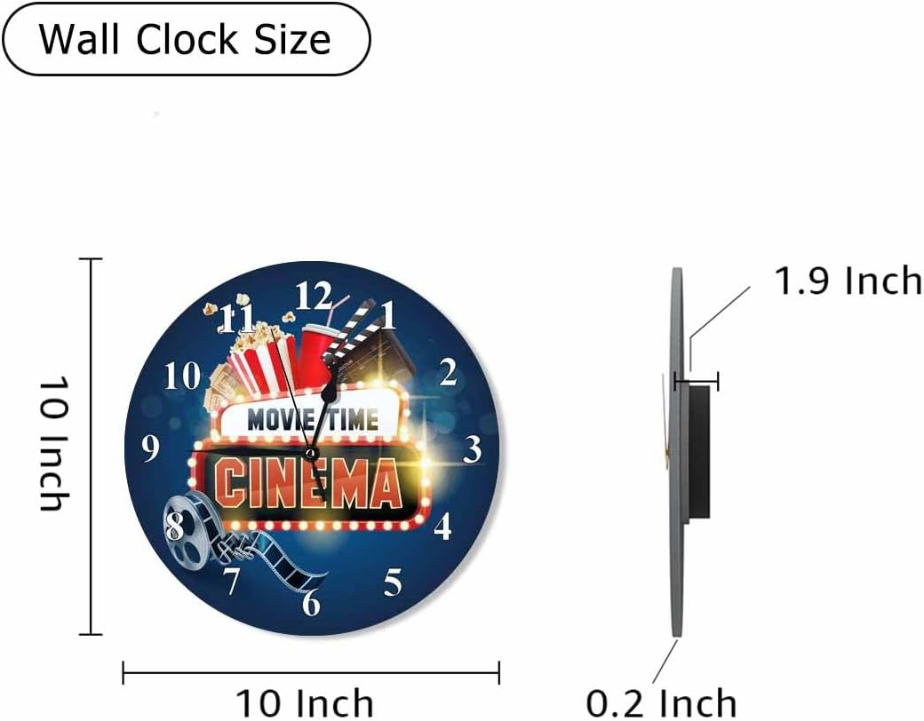 Cinema Movie Modern Wall Clock Round 10 Inch Battery Operated Popcorn Filmstrip Clapboard Tickets Theater Shining Quartz Silent Wooden Clocks Art Wall Decor for Living Room Classroom Bedroom