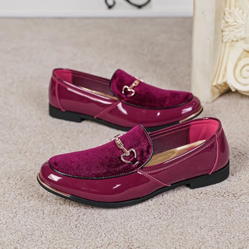 FLQL Men's Luxury Velvet Patent Laether Loafers Leather Oxford Classic Gold Buckle Slippers Party Prom Club Dress Shoes Size 7-134