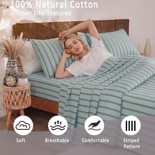 Image of Merryword Green and Orange Striped Sheet Set Queen Size - 100% Cotton Striped Bedding 4 Pieces, Soft Breathable Percale Weave, 17.5 inch Deep Pocket, Luxury Linen Like, All Season Comfort