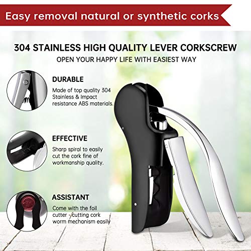 Wine Bottle Opener Corkscrew kit-[2020 Upgraded]Stainless Steel Corkscrew, Wine Opener Compact Vertical Corkscrew Wine Bottle Opener with Foil Cutter,Wine Stopper and Extra Spiral - Black - Thumbnail 7